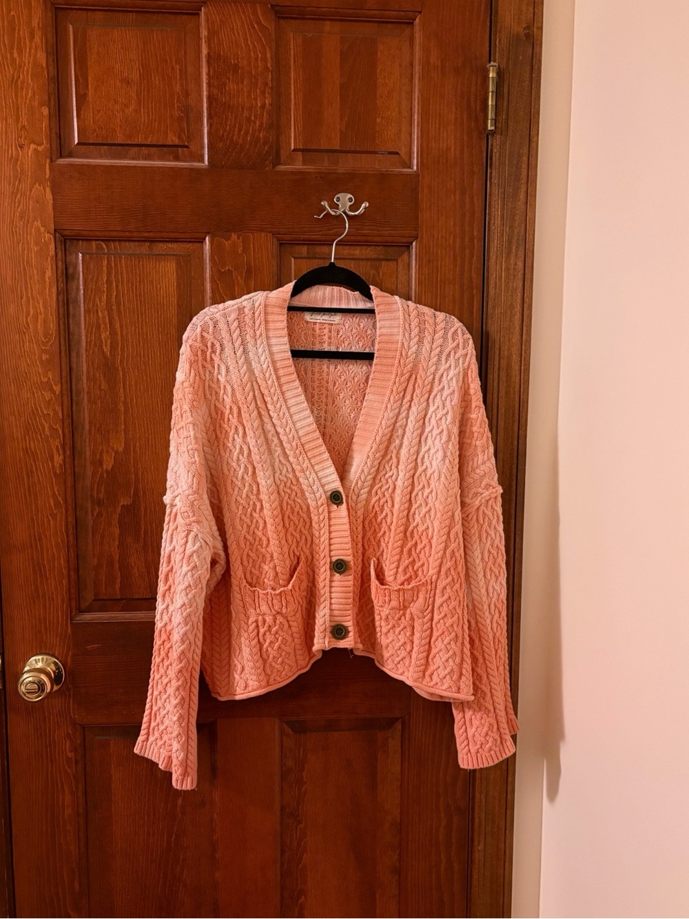 FREE PEOPLE Washed Ashore Cable Knit Cardi Sweater Pink Cloud Combo NWOT Sz M